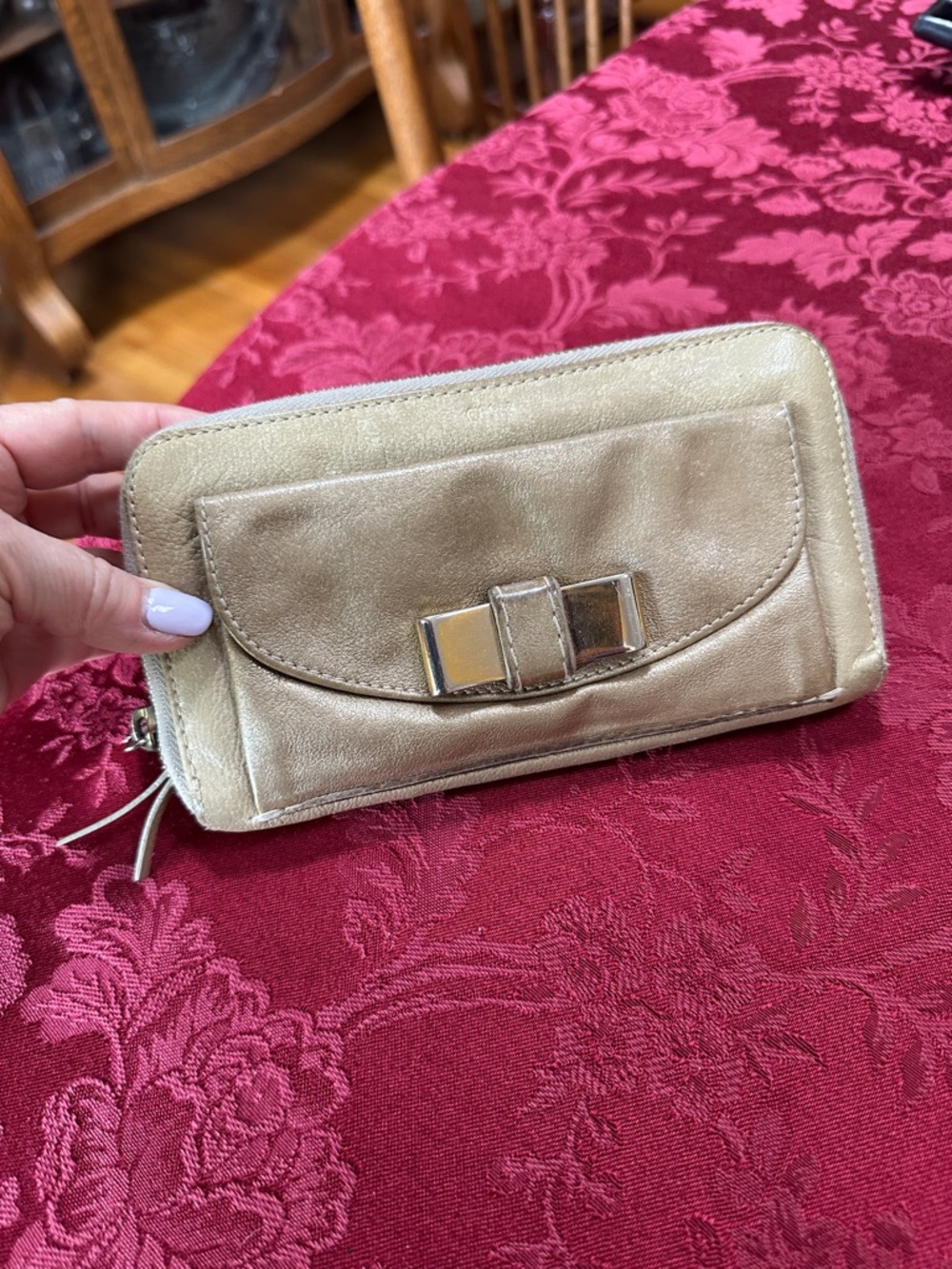 Chloe Gold Leather Bow Long Zip Wallet W/ Front Pocket